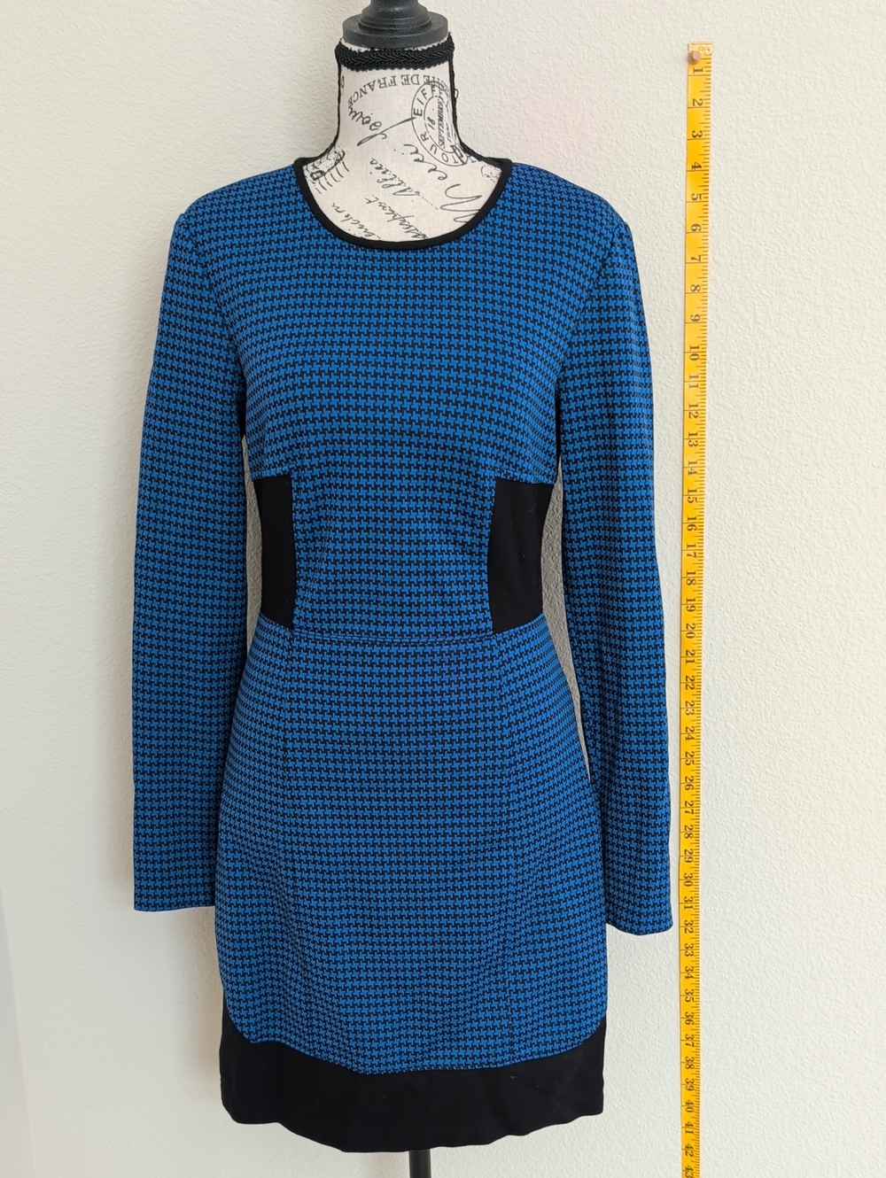Tibi Blue Houndstooth Long-Sleeve Dress with Black Accents